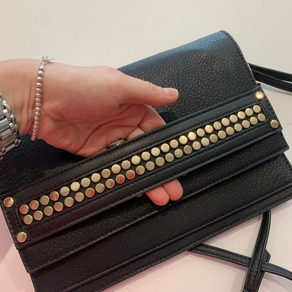 Steve Madden Bhavenn Foldover Crossbody & Clutch, Black & Gold Tone Metal Studs - Picture 2 of 10